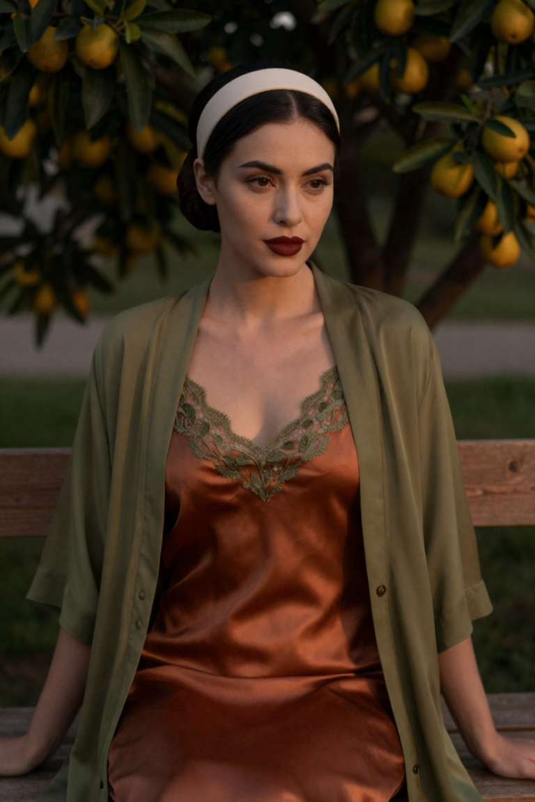 HuaxiaLife muse in an amber silk slip dress with sage lace on a grove bench